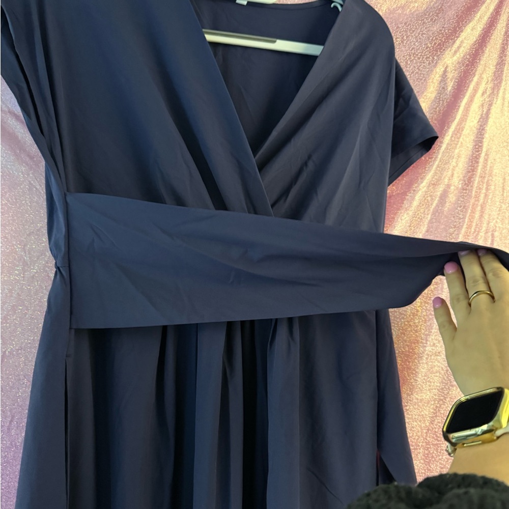 Breezeful V Neck Short Sleeve Side Pocket Tie Back Quick Dry Midi Longer Length